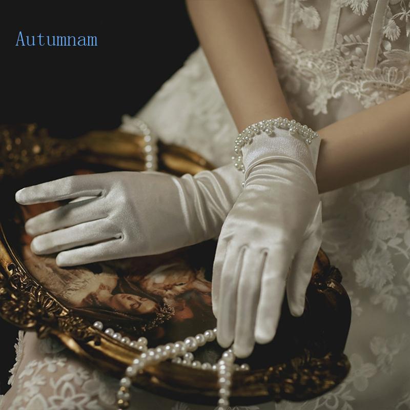 Autu ถุงมือผ้าซาติน แบบสั้น ลายดอกไม้ ลูกไม้ สําหรับเจ้าสาว งานแต่งงาน