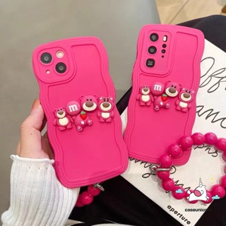 เคสโทรศัพท์มือถือ ลายหมีสตรอเบอร์รี่ 3D สําหรับ Redmi 12C 10 9 10C 9A 9T 10A 9C A2 A1 A2+ A1+ Note 11 9 8 10 9s 10s 11s 10 Pro Max POCO X3 NFC Pro M3 Mi 11T Pro เคสขอบ พร้อมสร้อยข้อมือลูกปัด