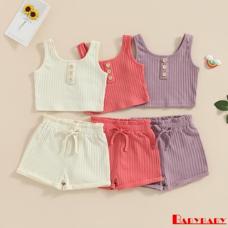 Babybaby- เสื้อกล้ามถัก แขนกุด + กางเกงขาสั้น สีพื้น สําหรับเด็กผู้หญิง