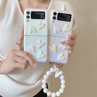 เคสโทรศัพท์มือถือ PC แข็ง กันกระแทก ลายหัวใจ พร้อมสายโซ่คล้อง สําหรับ Samsung Galaxy Z Flip 4 5G Z Flip 3