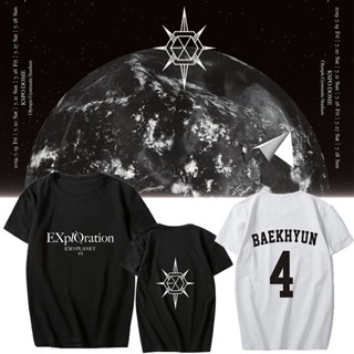 เวรเอ้ย  เสื้อยืด EXO PLANET #5 KPOP พิมพ์เสื้อยืดแขนสั้นสไตล์สตรีท หลวม、fanmade