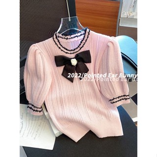 Bow Pink Elegant Thin Knitted Sweater Womens Spring and Autumn Pullover 2023 New High-end Super Good-looking Sweater