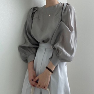 เสื้อเชิ้ตแขนยาว คอกลม แขนพอง สีพื้น แบบเรียบง่าย สไตล์เกาหลี และฝรั่งเศส สําหรับผู้หญิง