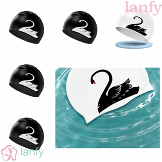 Lanfy หมวกว่ายน้ํา ซิลิโคน พิมพ์ลายหงส์ กันการฉีกขาด สไตล์เรียบง่าย สําหรับว่ายน้ํา