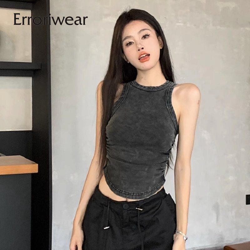Errokiwear เสื้อกล้ามผู้หญิงสีทึบคอกลม Retro รูปตัว I สวมใส่ด้านนอกสั้นSlim Fit