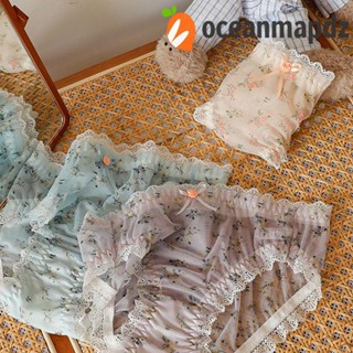 OCEANMAPDZ กางเกงชั้นใน ผ้าฝ้าย ไร้รอยต่อ ประดับโบว์ พิมพ์ลายลูกไม้ ดอกไม้ สําหรับผู้หญิง