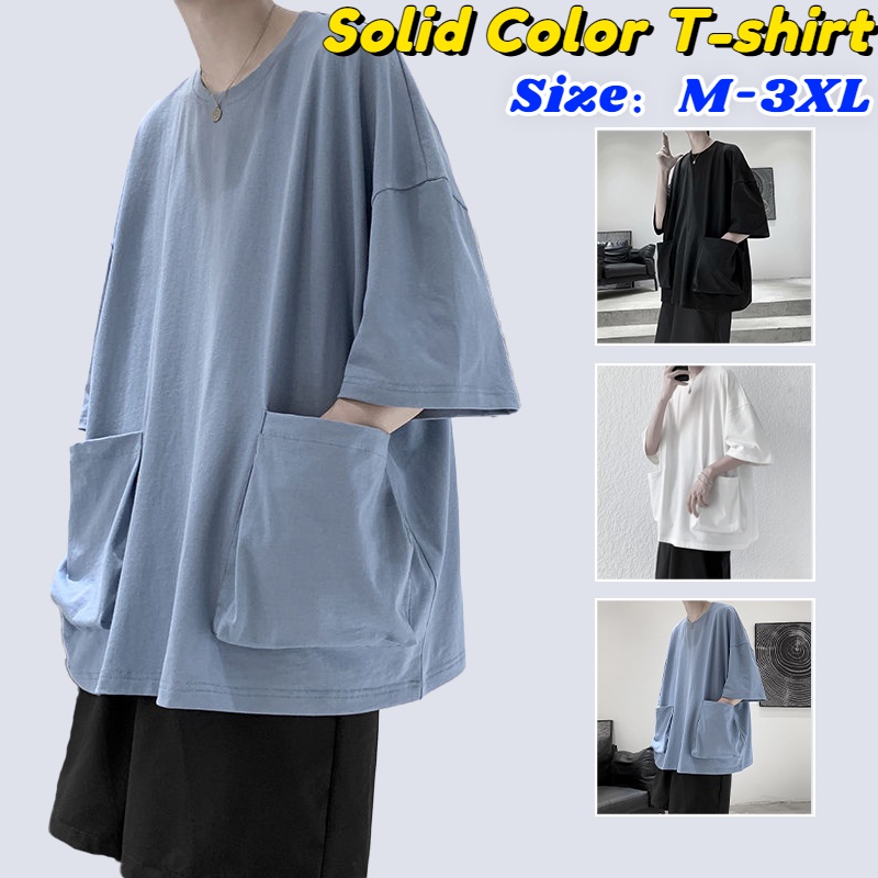 เสื้อยืดแขนสั้น ผ้าฝ้าย ทรงหลวม มีกระเป๋า สีพื้น สไตล์เกาหลี แฟชั่นฤดูร้อน สําหรับผู้ชาย