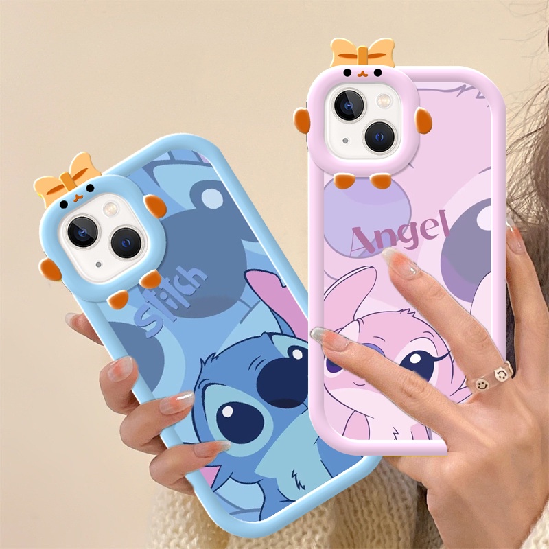 น่ารัก Stitch & Angel คู่สําหรับ IPhone 16 15 14 13 12 11 Pro Promax 14Plus X XS XR XSMAX Bow Tie สไตล์ปลอก DCG