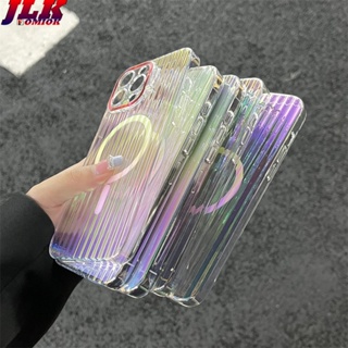 [JLK] Glitter Laser Lens Invisible Folding Holder N52 Magnetic Case For iPhone 13 12 14 Pro Max Plus Aurora Stripe Clear Cover