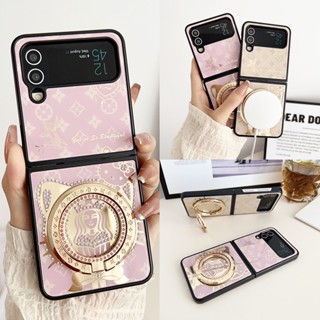 เคสโทรศัพท์มือถือ PC แข็ง กันกระแทก พิมพ์ลาย ประดับเพชร สไตล์เรโทร พร้อมขาตั้ง สําหรับ Samsung Galaxy Z Flip 3 Z Flip 4 5G Flip4 Flip3