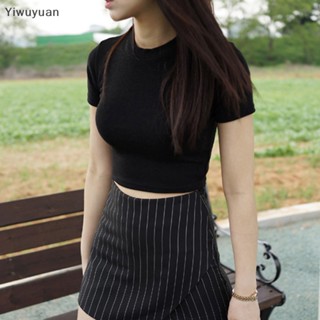 &lt;Yiwuyuan&gt; เสื้อยืดครอปท็อป คอกลม แขนสั้น สีพื้น สําหรับผู้หญิง ลดราคา