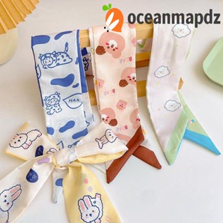 OCEANMAPDZ ที่คาดผม ผ้าพันคอ ผ้าซาติน พิมพ์ลายการ์ตูนกระต่าย ดอกไม้ แบบถัก ริบบิ้นยาว แบบเรียบง่าย สไตล์เกาหลี สําหรับผู้หญิง