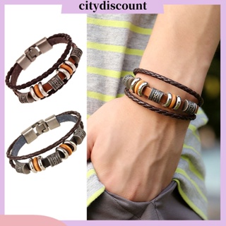 &lt;citydiscount&gt; สร้อยข้อมือหนังเทียมถัก สามชั้น น้ําหนักเบา สไตล์วินเทจ สําหรับผู้ชาย