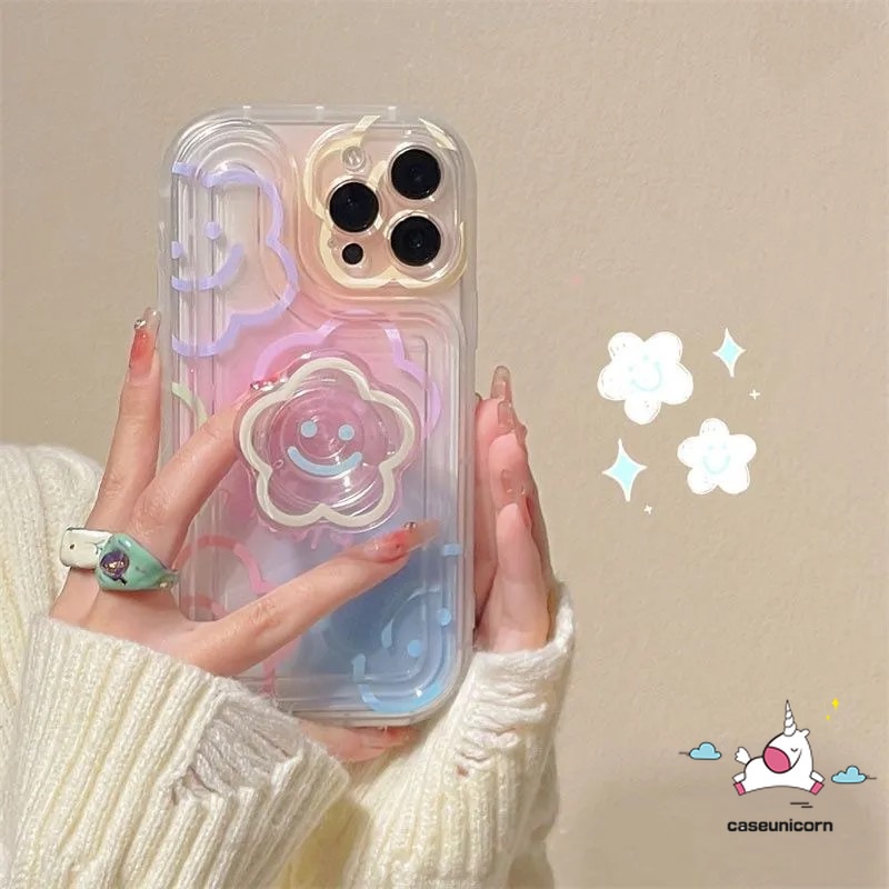 เคสโทรศัพท์มือถือแบบนิ่ม ใส กันกระแทก ลายการ์ตูนดอกไม้ พร้อมขาตั้งวางโทรศัพท์ สําหรับ iPhone 11 12 13 14 Pro MAX XR X XS MAX 7 8 Plus SE 2020