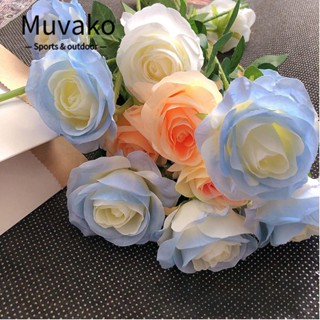 Muvako ดอกกุหลาบประดิษฐ์ ผ้าไหม สีฟ้า 49 ซม. 3 ชิ้น สําหรับตกแต่งบ้าน วันวาเลนไทน์