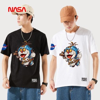 เสื้อยืดแขนสั้น พิมพ์ลายโดราเอมอน ทรงหลวม สีขาว แฟชั่นฤดูร้อน สําหรับผู้ชาย และผู้หญิง