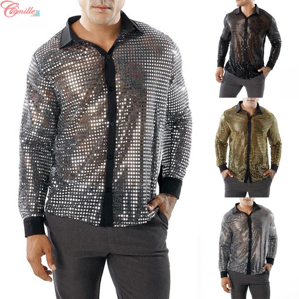 เสื้อเชิ้ต ปักเลื่อม ลายดิสโก้ 70s สไตล์เรโทร สําหรับผู้ชาย ใส่ไปไนท์คลับ เต้นรํา ปาร์ตี้