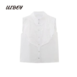 Uibey เสื้อเชิ้ตแฟชั่น คอปก ปักลายลูกไม้ 3375