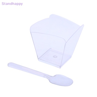 Standhappy ใหม่ ถ้วยพลาสติกใส ขนาดเล็ก 100 มล. พร้อมช้อน สําหรับพุดดิ้ง ผลไม้ ไอศกรีม มูส ขนมหวาน ปาร์ตี้ 10 ชิ้น