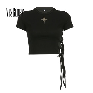 Vesglory เสื้อครอปท็อปลําลอง คอกลม แขนสั้น เปิดหลัง สีตัดกัน แฟชั่นสําหรับสตรี 2023