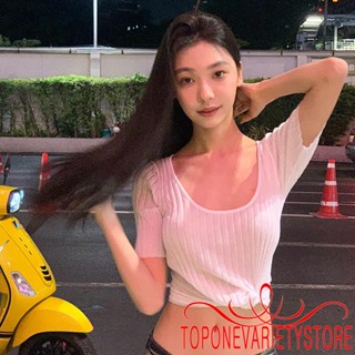 Topone- เสื้อยืด เสื้อครอปท็อป แขนสั้น คอยู ผูกปม แฟชั่นฤดูร้อน สําหรับผู้หญิง