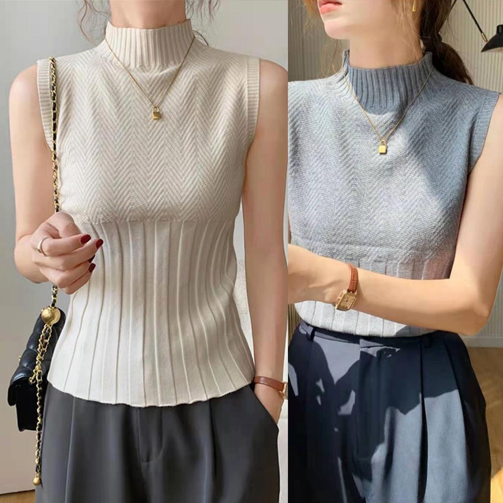 mimi&didi#เสื้อแขนกุด เสื้อกั๊กไหมพรม คอเต่า ทรงเข้ารูป เสื้อผ้าแฟชั่นเกาหลี 83155
