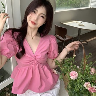 เสื้อเชิ้ตคอวี แขนพอง สีชมพู แฟชั่นฤดูร้อน สไตล์เกาหลี สําหรับผู้หญิง