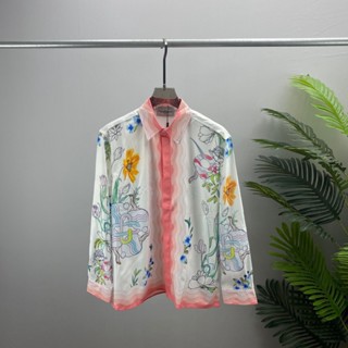 EXSU CASABLANCA fashion brand European long-sleeved shirt pink stitching printed pattern mens and womens same shirt cardigan spot