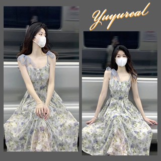 ชุดเดรสสายเดี่ยวภาพวาดสีน้ำมันสไตล์ฝรั่งเศสชุดเดรสลายดอกไม้เอวนางฟ้า