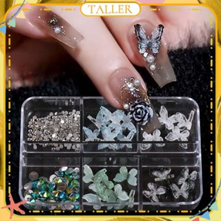 ✧Ready Stcok 6 Grid Nail Art Retro Smudged Ink Butterfly Jewelry Green Gradient Dark Black 3D Cute Butterfly Nail Accessories เครื่องมือทำเล็บสำหรับร้านเล็บ TALLER