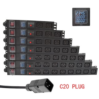 Pdu รางปลั๊กไฟ เอาท์พุท C19 2-16 AC พร้อมมิเตอร์วัดกระแสไฟฟ้า C20 PLUG ป้องกันไฟโหลดเกิน 16A 3500W (สายต่อ 2 เมตร)