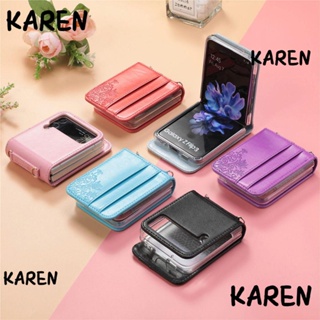 KAREN Multifunction Galaxy Z Flip3 5G Lanyard PC Protective Cover Samsung Phone Cover Messenger Bag Leather Card Covers Solid Color Leather Smartphone Case Folding Phone Screen Card Package Slot Phone Case/Multicolor