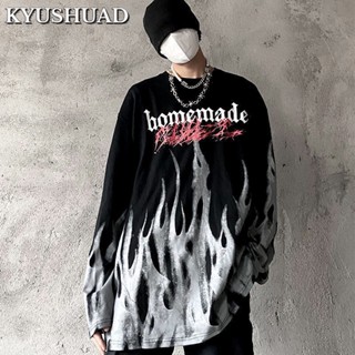 KYUSHUAD เสื้อสเวตเตอร์บางทอดถนนเปลวไฟย้อนยุคสีเข้มพิมพ์ผู้ชายและผู้หญิงสวมเสื้อยืดแขนยาวสไตล์ยุโรปและอเมริกา