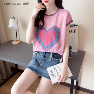 [springevenwell] ใหม่ พร้อมส่ง เสื้อยืดลําลอง แขนสั้น คอกลม ทรงหลวม พิมพ์ลายหัวใจ สีคมชัด แฟชั่นฤดูร้อน สําหรับสตรี