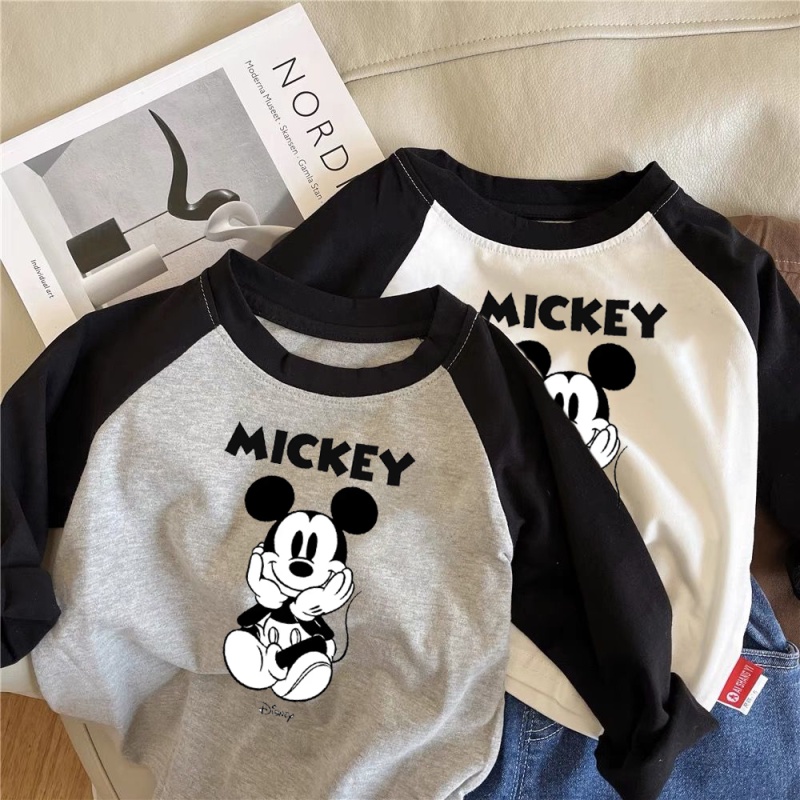 【เสื้อยืดผ้าฝ้าย】เสื้อแขนยาว ผ้าฝ้ายแท้ พิมพ์ลายการ์ตูน Raglan สําหรับเด็กผู้ชาย และเด็กผู้หญิง (3-14 ปี)