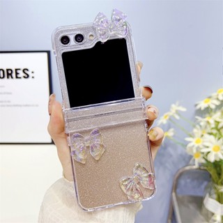 เคสป้องกันโทรศัพท์มือถือ แบบใส ประดับโบว์ และกลิตเตอร์ หรูหรา สําหรับ Samsung Galaxy Z Flip 3 4 5 5G Z Flip5