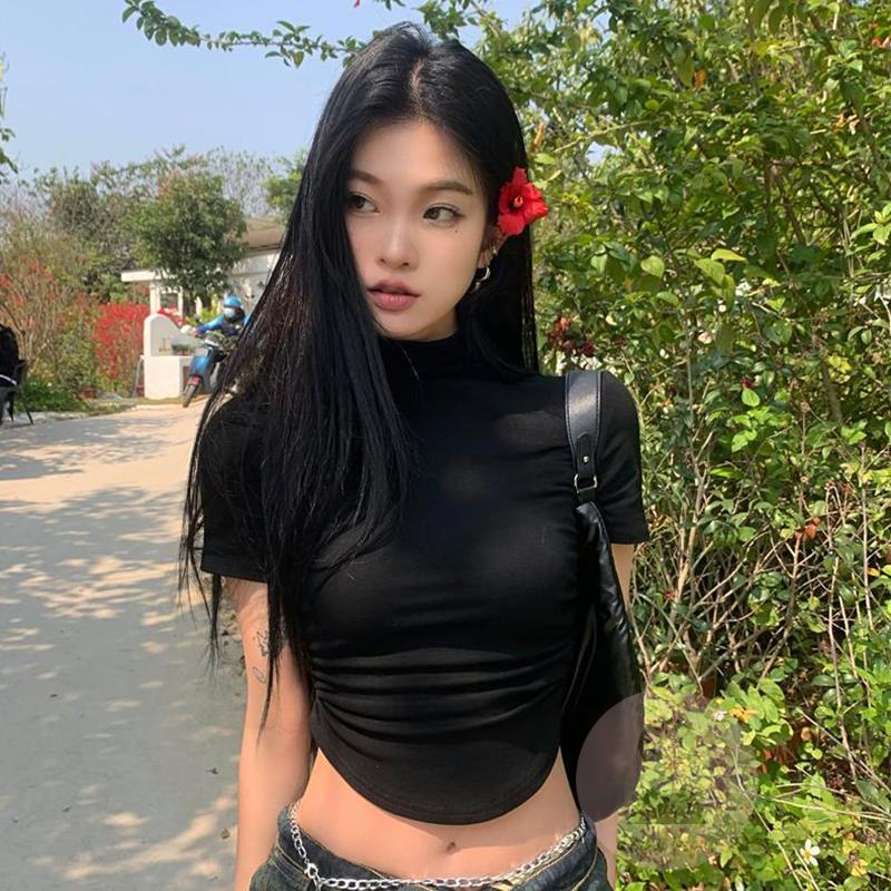 เดร-ผู้หญิงแขนสั้นสีทึบคอจําลองไม่สม่ําเสมอเสื้อยืดสลิมฟิต