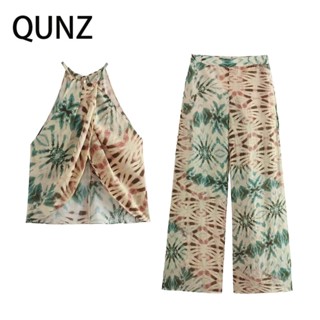 Qunz เสื้อกั๊ก ผ้าลินิน พิมพ์ลาย + กางเกง แฟชั่น 9607