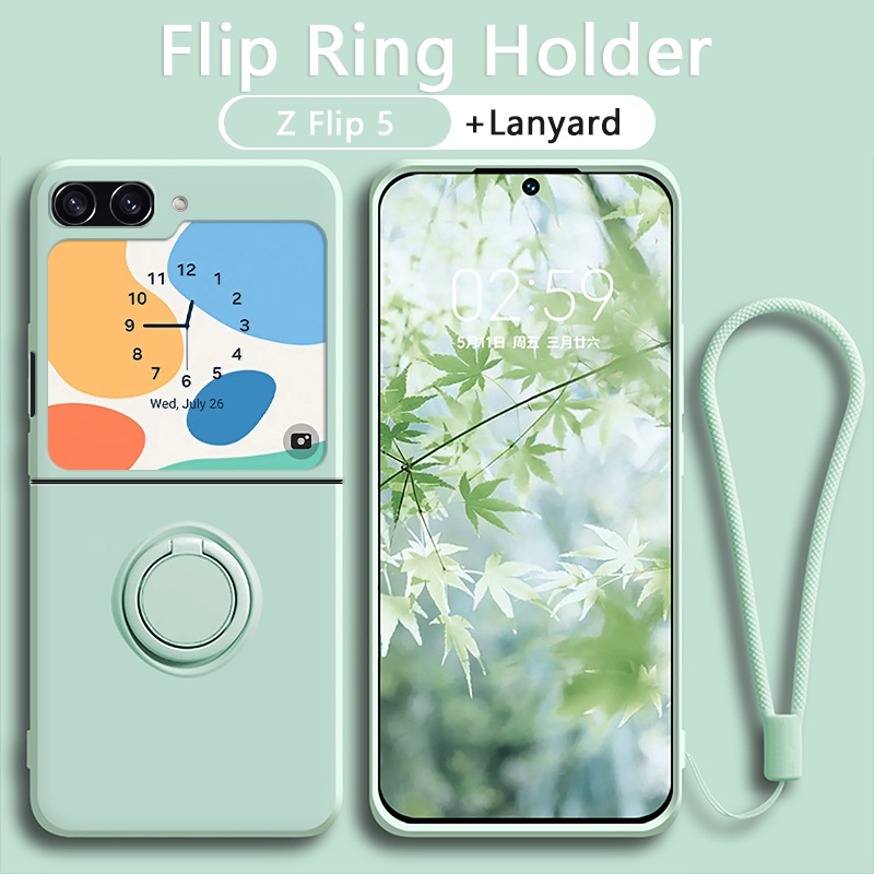เคส Samsung Z Flip 5 Flip 4 Flip 3 ซัมซุง ซิลิโคนเหลว แบบเต็ม ฝาครอบกล้อง พร้อมแหวนขาตั้ง สีเดียวกัน สายคล้อง กันกระแทก