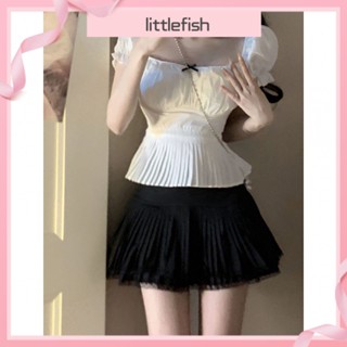 [littlefish] เสื้อเชิ้ตแขนสั้น คอสี่เหลี่ยม ประดับโบว์ สีขาวครีม และกระโปรงพลีท เอวสูง หรูหรา เหมาะกับฤดูร้อน สําหรับเด็กผู้หญิง สองชิ้น