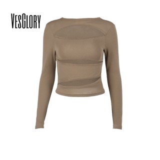 Vesglory เสื้อครอปท็อปลําลอง แขนยาว คอกลม ทรงสลิมฟิต พิมพ์ลาย สีพื้น แฟชั่นสําหรับสตรี 2023