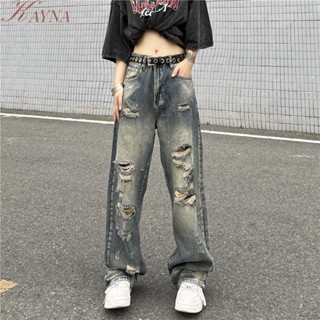 KAYNA     2023 Summer New Retro High Waist Fashion Slim Straight Leg Ripped Couple Jeans