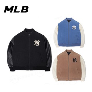 เสื้อแจ็กเก็ตเบสบอล ผ้าฝ้าย แบบหนา ปักลายโลโก้ MLB NY ของแท้ สําหรับคู่รัก