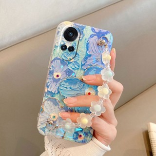 เคสโทรศัพท์มือถือ ซิลิโคนนิ่ม ลายภาพวาดสีน้ํามัน รูปใบโคลเวอร์สี่แฉก พร้อมสายคล้องมือ สําหรับ OPPO Reno10 Pro Reno10 Reno 10 Pro+ 5G 2023 Reno10 5G