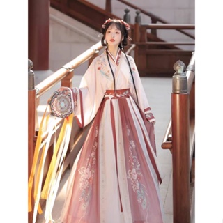 ชุดประจําชาติ Hanfu ต้นฉบับของแท้ Wei Jin Han เครื่องแต่งกายผู้หญิงสไตล์จีนคอยาวกระโปรงยาวเอวชุดรายวันสีแดง