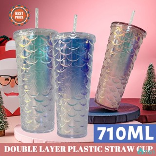 Starbucks Cup Straw Fish Scale Style Double Layer Plastic Straw Cup 710ml /24 Oz Christmas Cup TH1