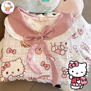 Sanrio ชุดนอน เสื้อแขนยาว กางเกงขายาว ลาย Hello Kitty สองชิ้น สําหรับผู้หญิง Y2k [GM]