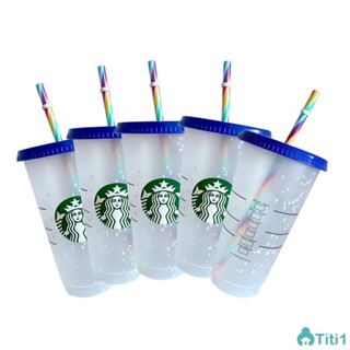 710ml/24oz Starbucks Rainbow Suffering Cup Paper Deduades Change Cold Drunk Discolor Plastic Cup 5set Common For Men Women TH1