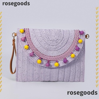 Rosegoods1 กระเป๋าสะพายไหล่ ลําลอง มีซิป สานพู่ ขนาดใหญ่ จุของได้เยอะ พร้อมสายสะพายไหล่ ปรับได้ สําหรับสตรี