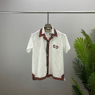 XDZK GU 2023 Summer pocket letter logo striped color matching collar lapel mens simple classic shirt